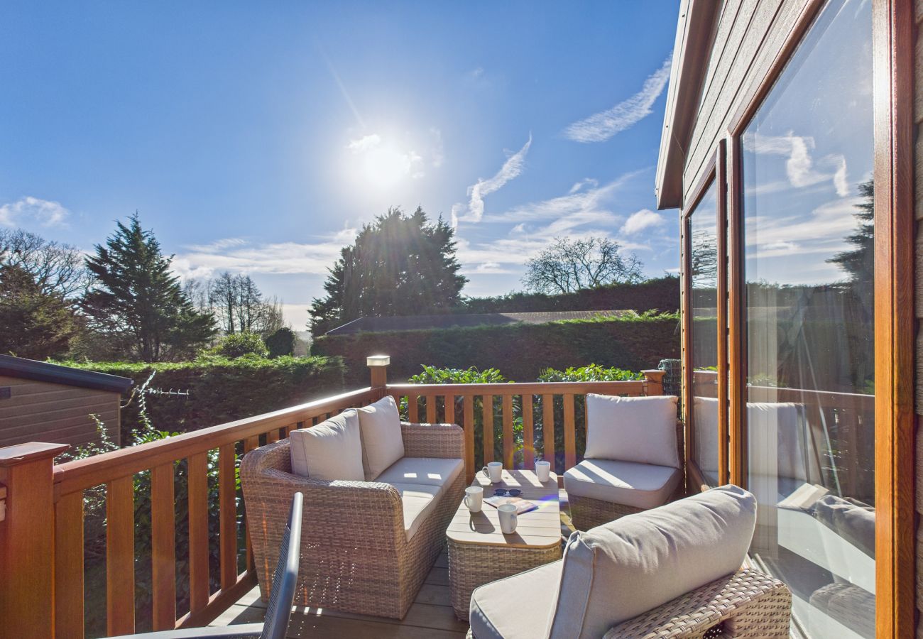 Outdoor dining set on a sunny wooden deck overlooking the park.