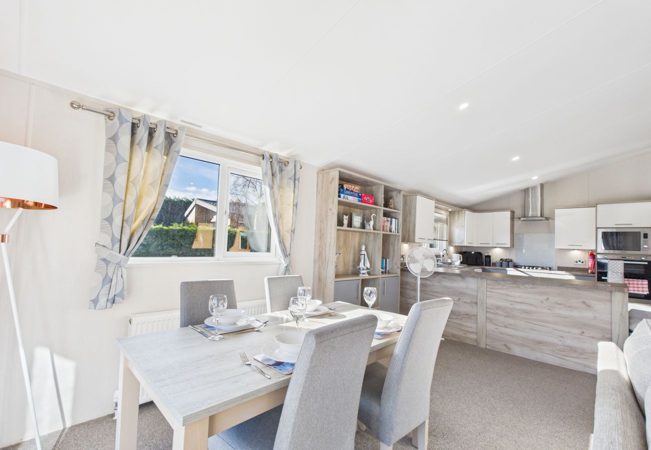 View from the dining table looking toward the lounge and kitchen