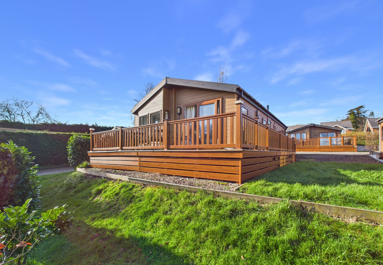 Front view of a modern wood-clad holiday lodge with a private deck.